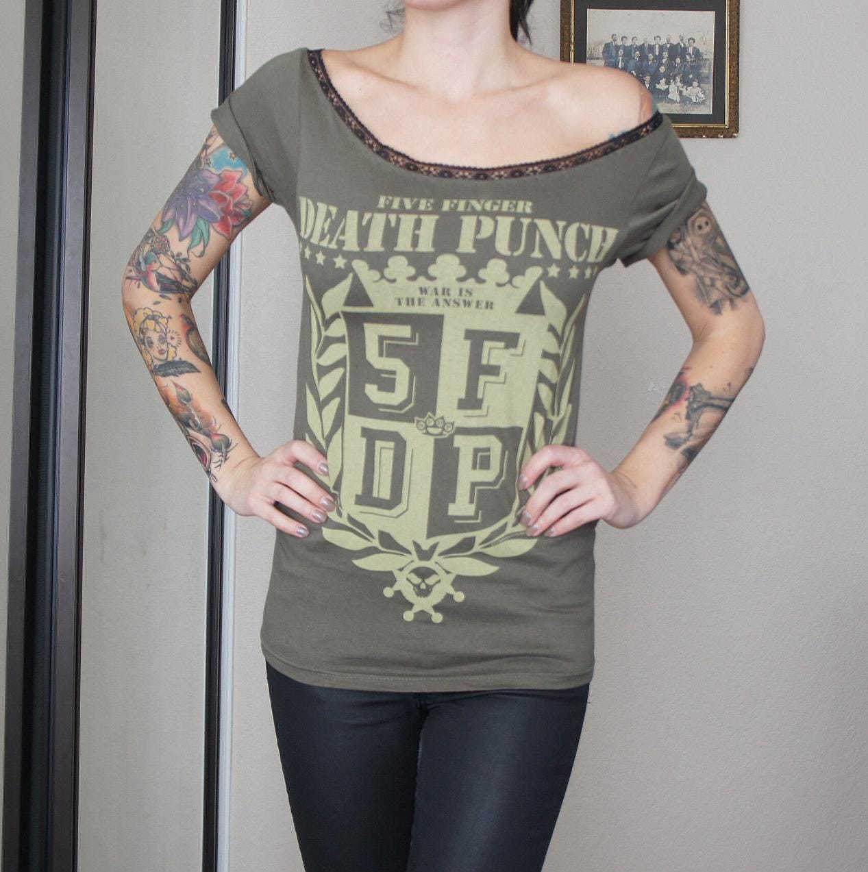Olivia Paige - Five Finger Death Punch concert Music festival band crew Tee Shirt, T-Shirt  Lace Up Band Tee