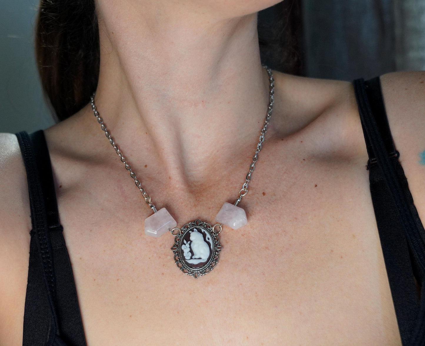 Cameo Cat Rose Quartz Necklace: Silver Skeleton Gemstone Jewelry