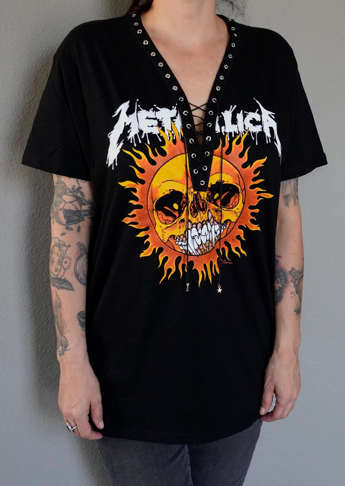 Lace-Up Metallica Concert Tee: Hand-Altered Band Shirt