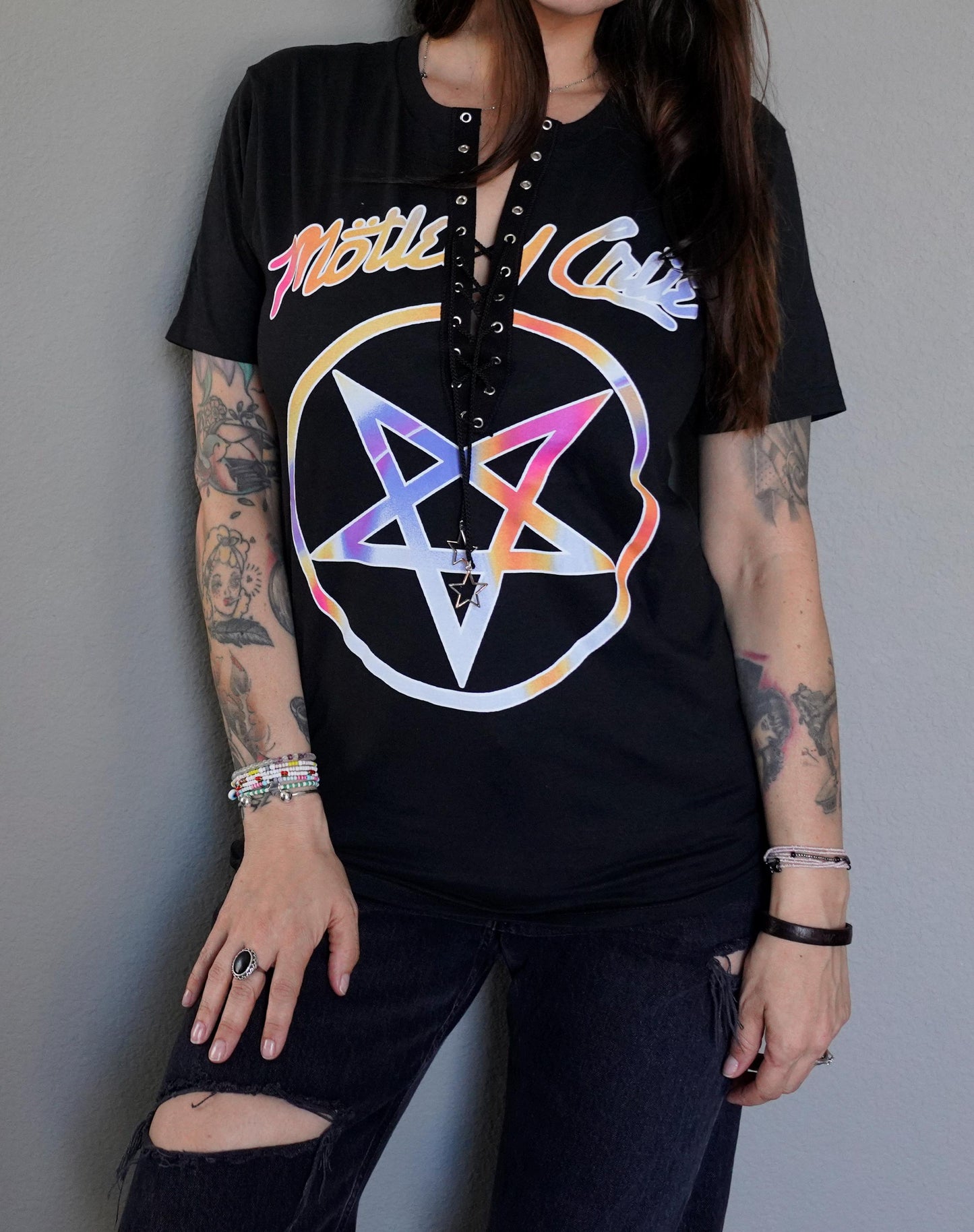 Motley Crue Lace-Up Band Tee: Upcycled Concert Shirt