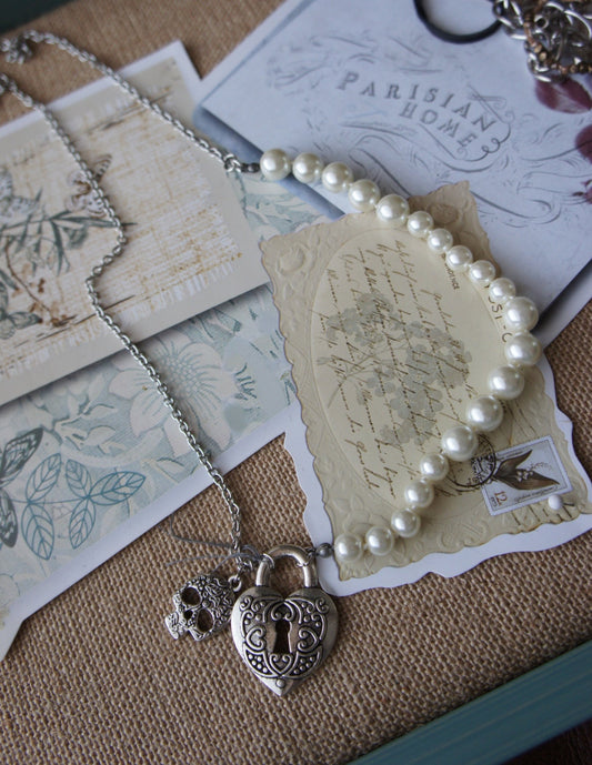 Victorian Heart Lock Necklace: Skull, Pearls, Romantic Skeleton Key