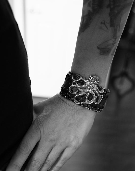 Olivia Paige -Leather Silver Rockabilly octopus bracelet with anchor