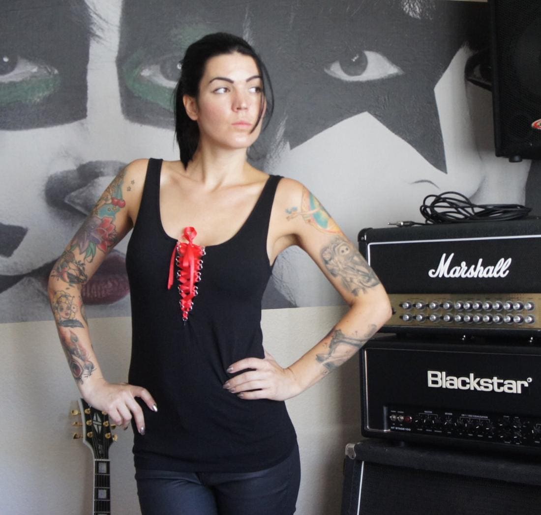 Olivia Paige - Punk rock lace lacing black tank top Rock chick
