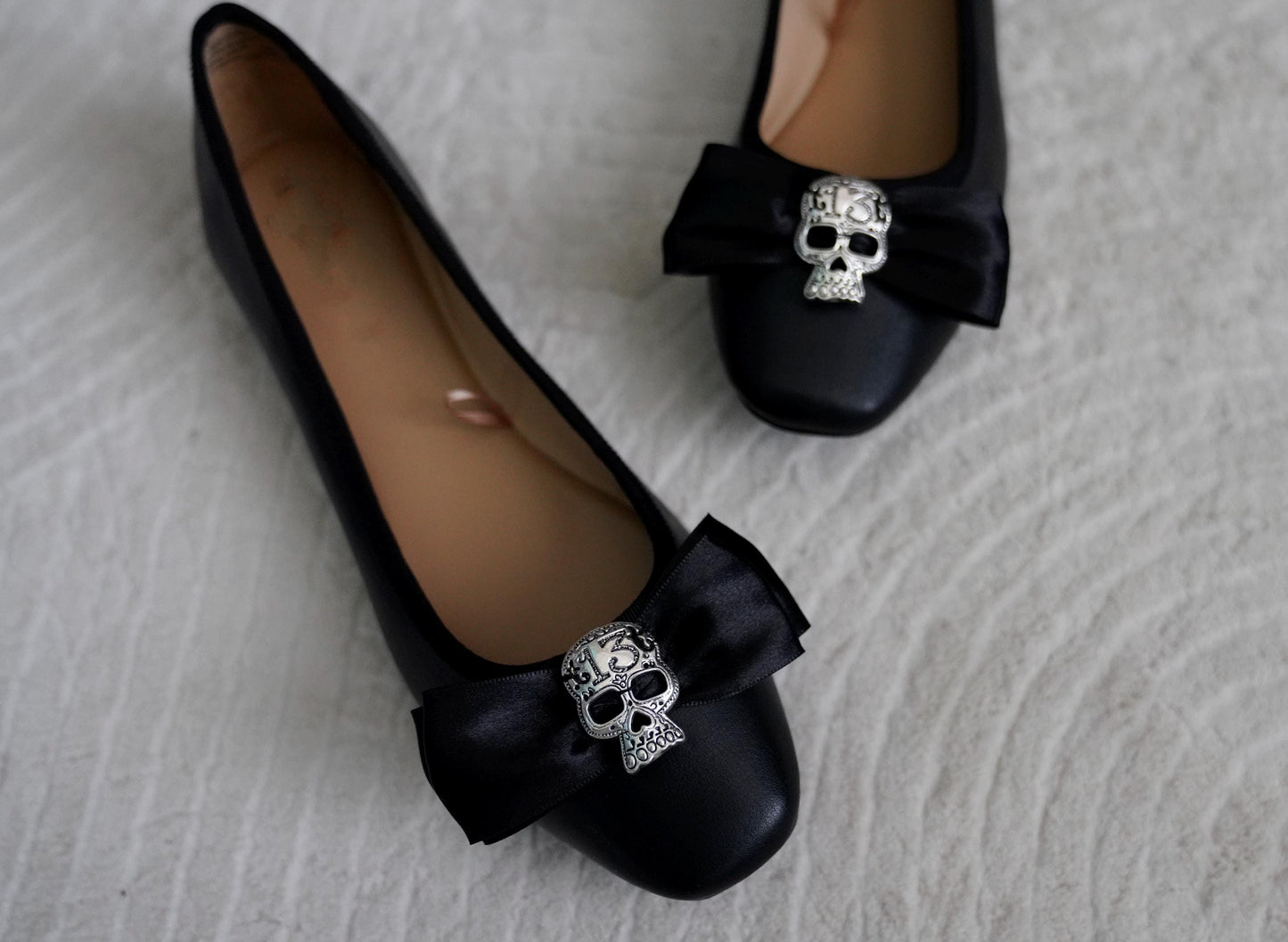 Olivia Paige -Black Rockabilly flats with sugar skull bows skull13 skeleton shoes