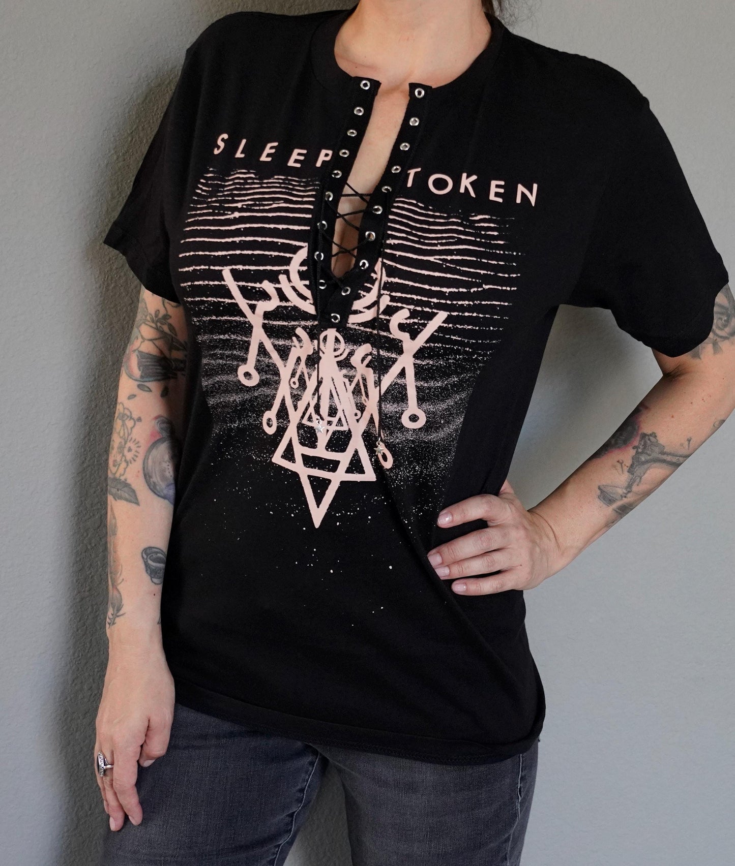 Lace-Up Sleep Token Band Tee: Upcycled Concert Shirt