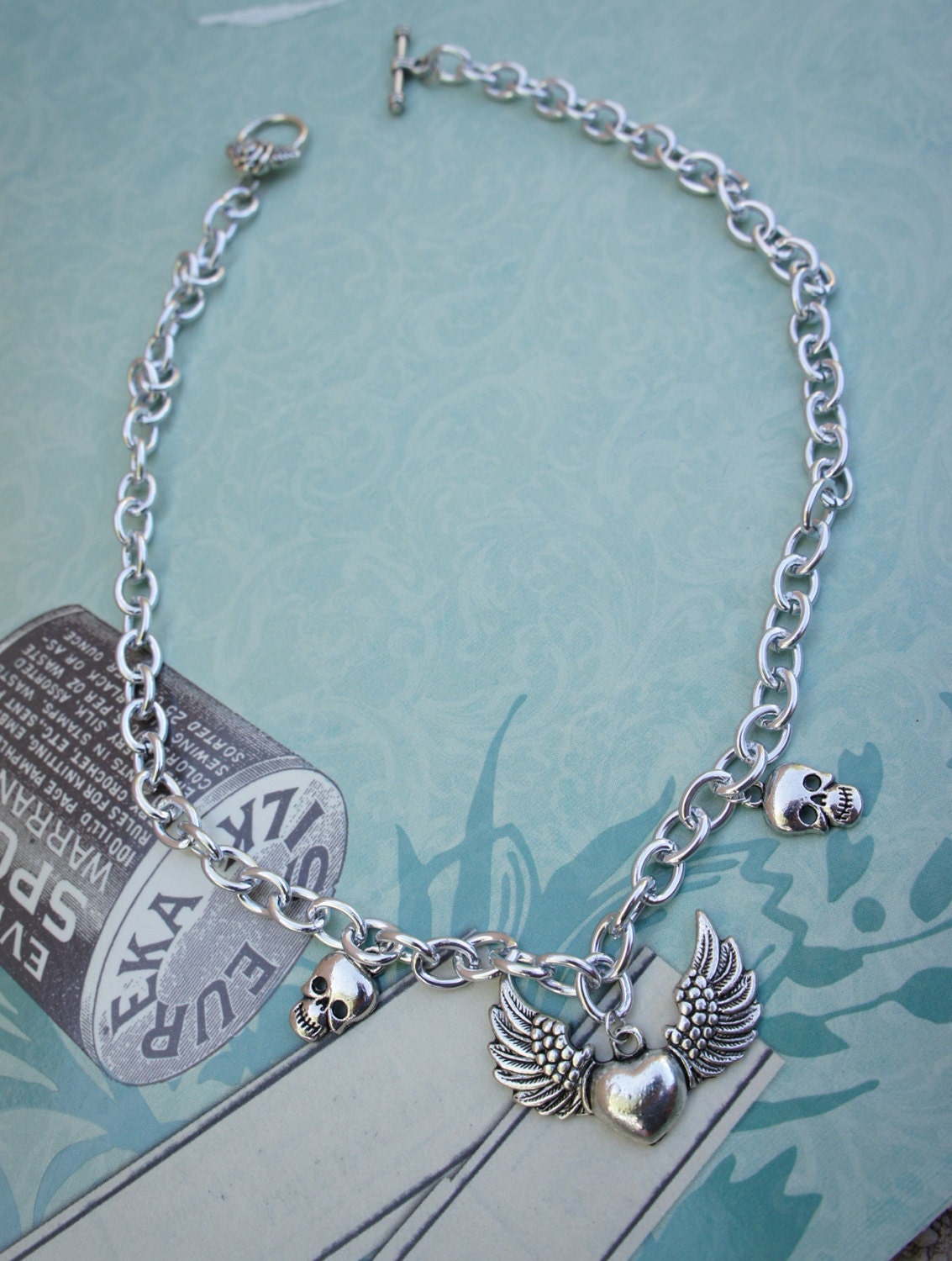 Olivia Paige - Silver heart  skulls rockabilly necklace
