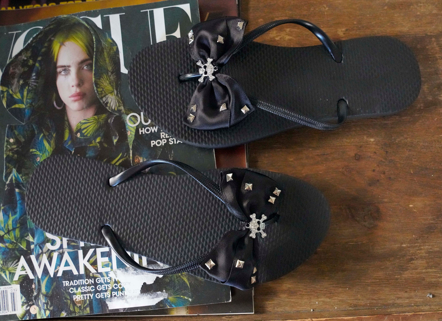 Black Rhinestone Skull Flip Flops: Rockabilly Satin Bow Sandals