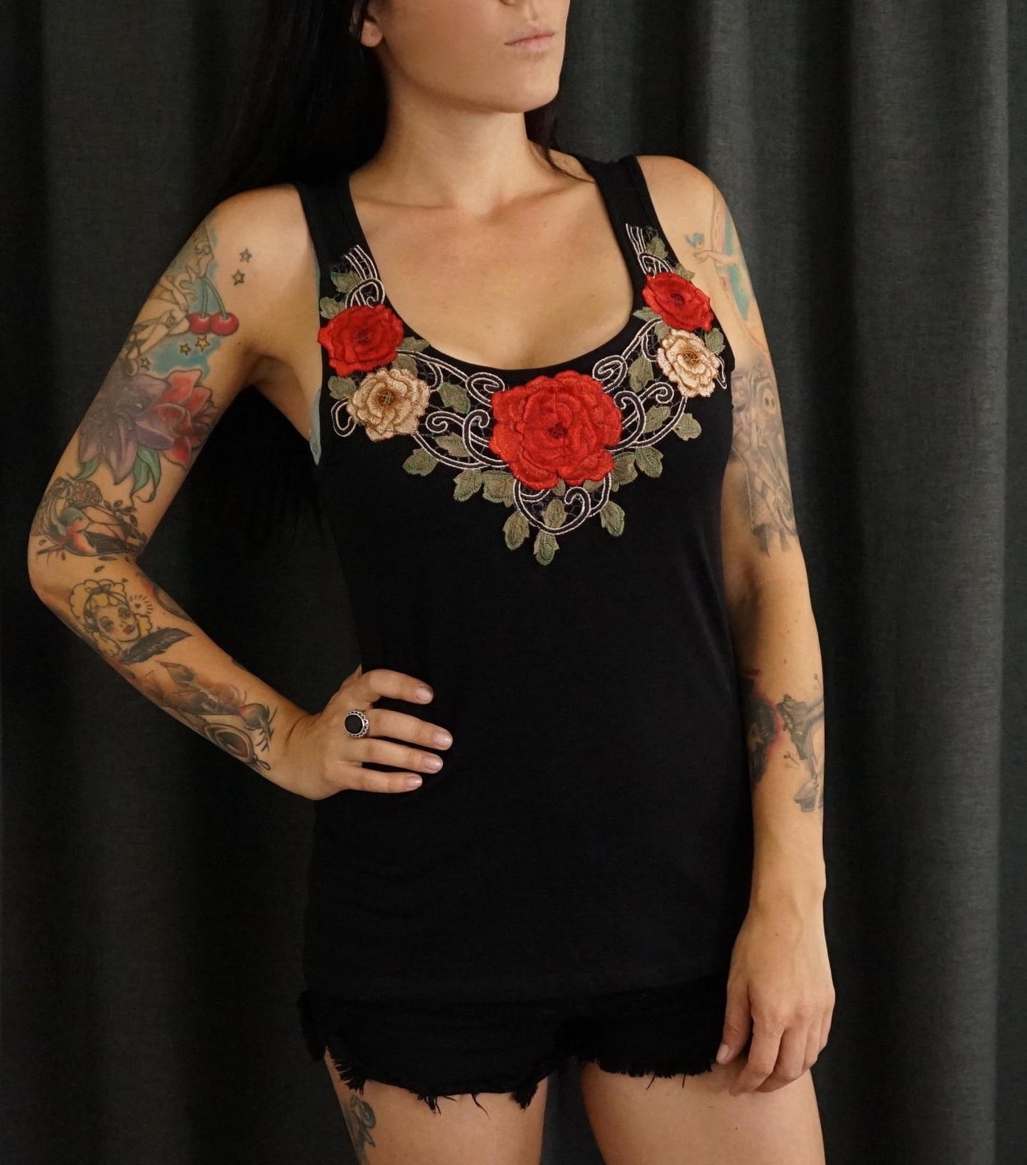 Olivia Paige Clothing -Embroidery  appliqué tattoo rose roses tank top