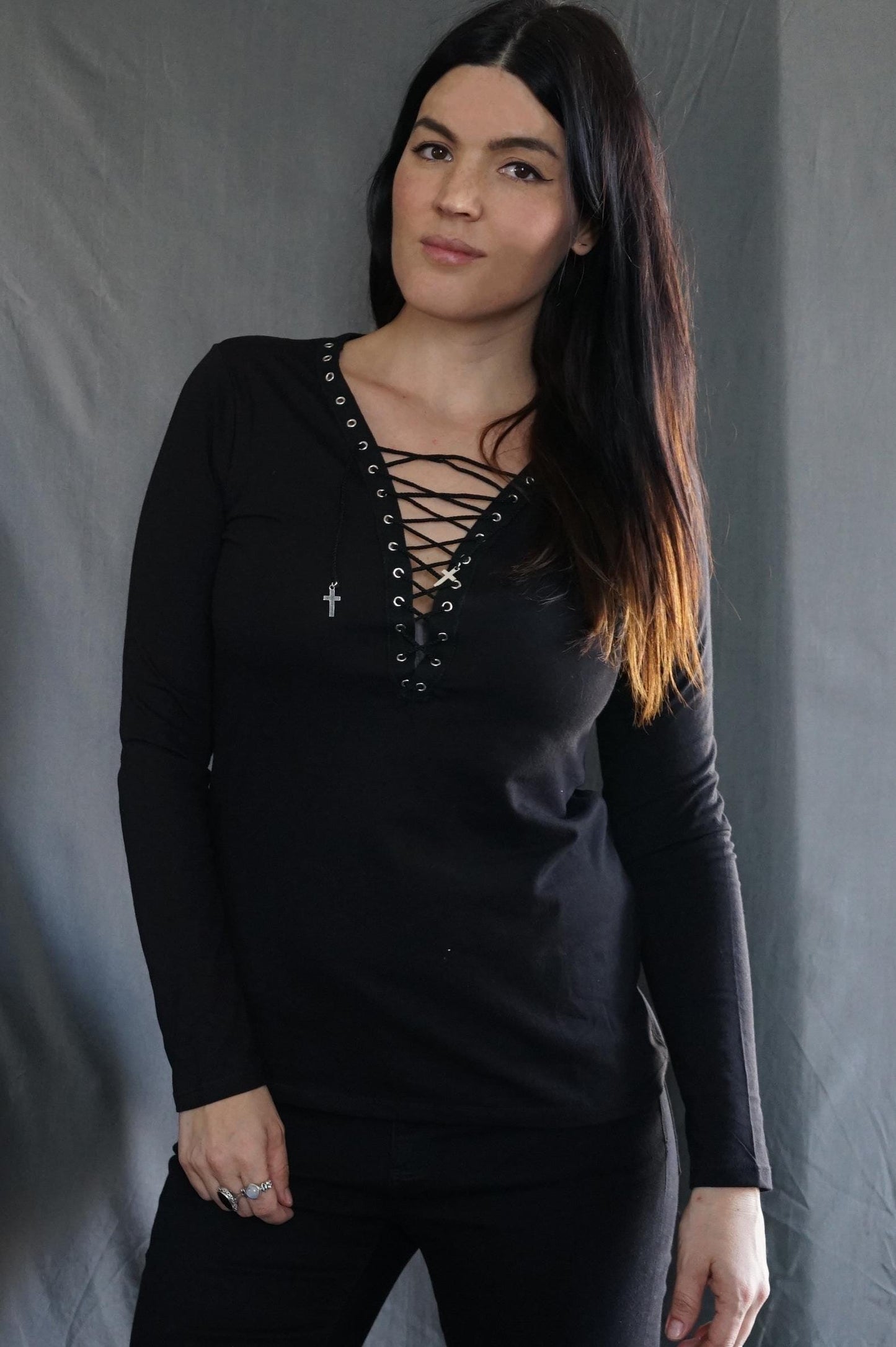 Olivia Paige Clothing Front Eyelet  lace up t-shirt goth gothic top long sleeves