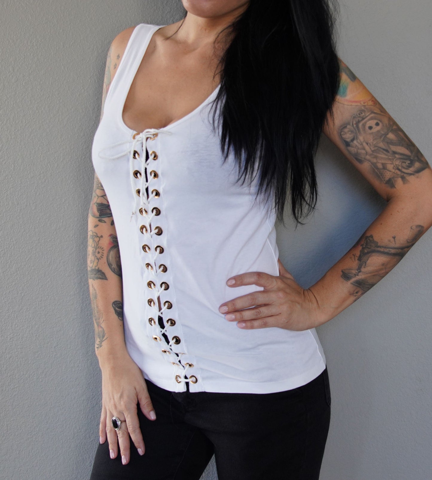 Olivia Paige Clothing - White front Eyelet grommets lace up tank corset style