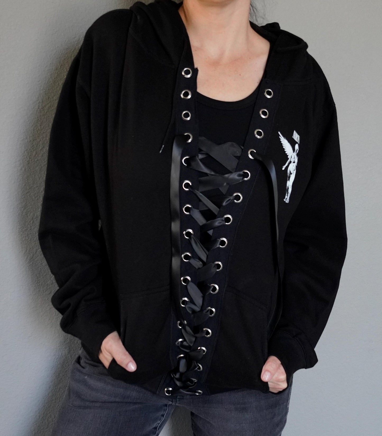 NIRVANA Sweatshirt Top with lacing lace up Black Satin Ribbon  Band Top Hoodie